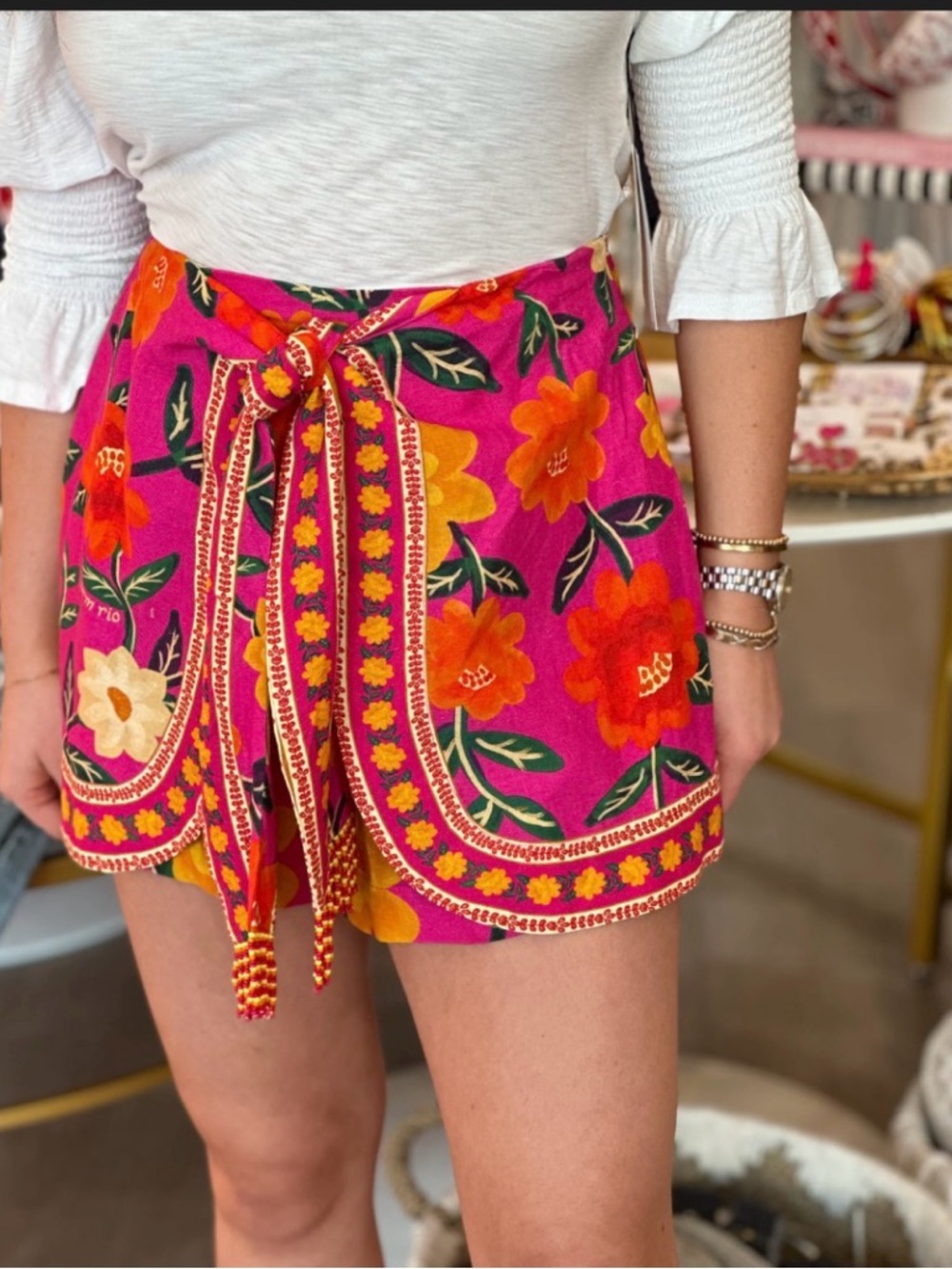 FARM Rio Fuchsia Floral Tie-Waist Skort with Orange Blooms